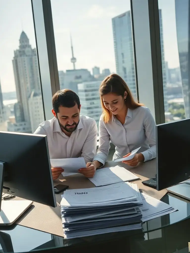 A professional photo of TRADEX staff reviewing international shipping documents in a modern Toronto office, highlighting their expertise in global trade management.