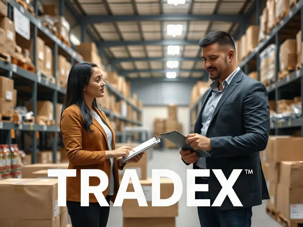 A TRADEX account manager consulting with a client in a warehouse filled with food and consumer goods, highlighting personalized service and client-focused logistics planning.
