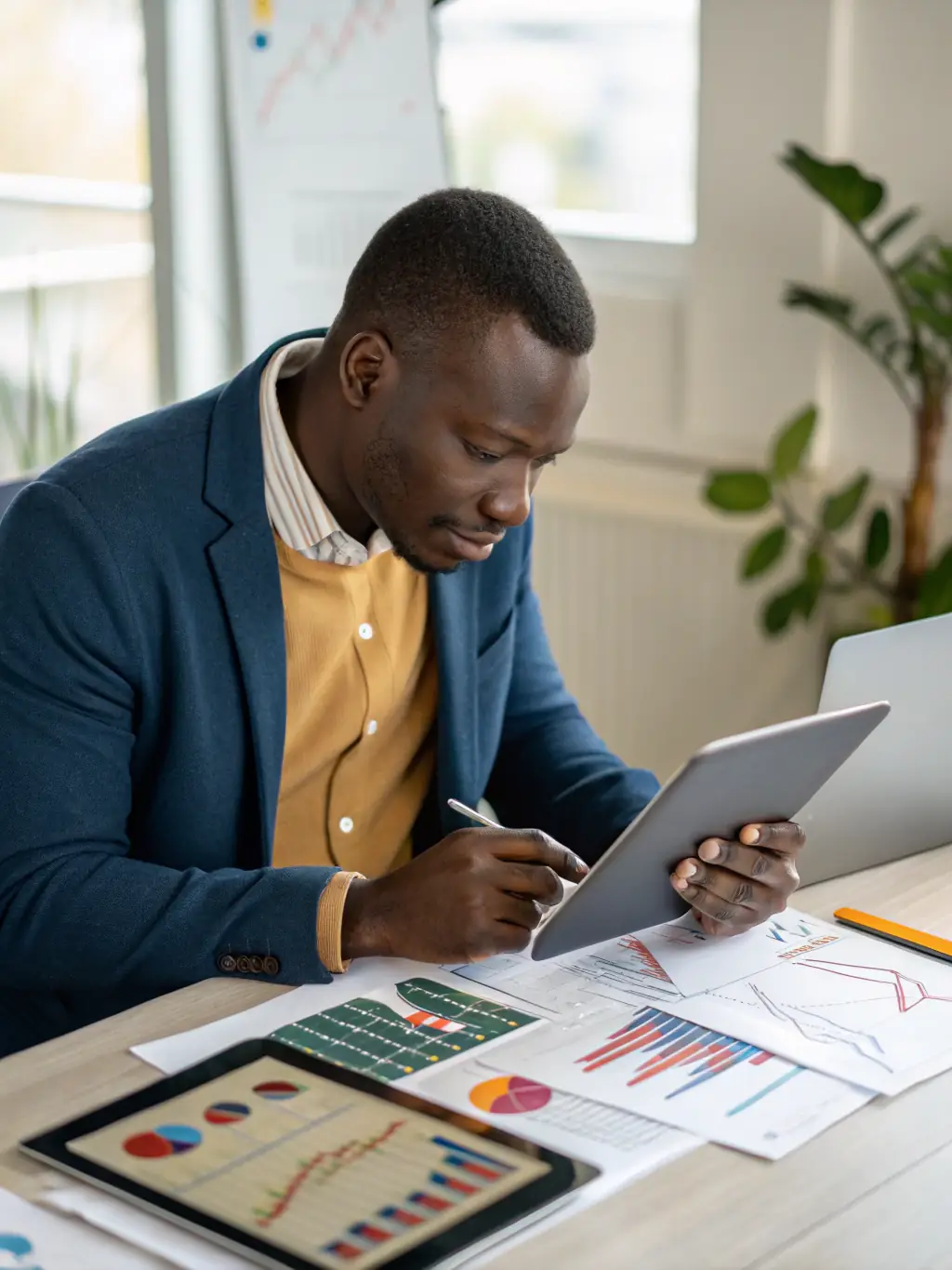 A business professional analyzing market data on a digital tablet, with charts showing expansion into new international markets for consumer products.
