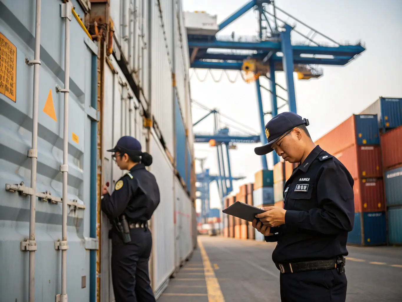 A documentary-style photograph of a container ship docking at the Port of Toronto, cranes unloading cargo containers, with visible customs officers and shipping documentation in the foreground, conveying real import operations.