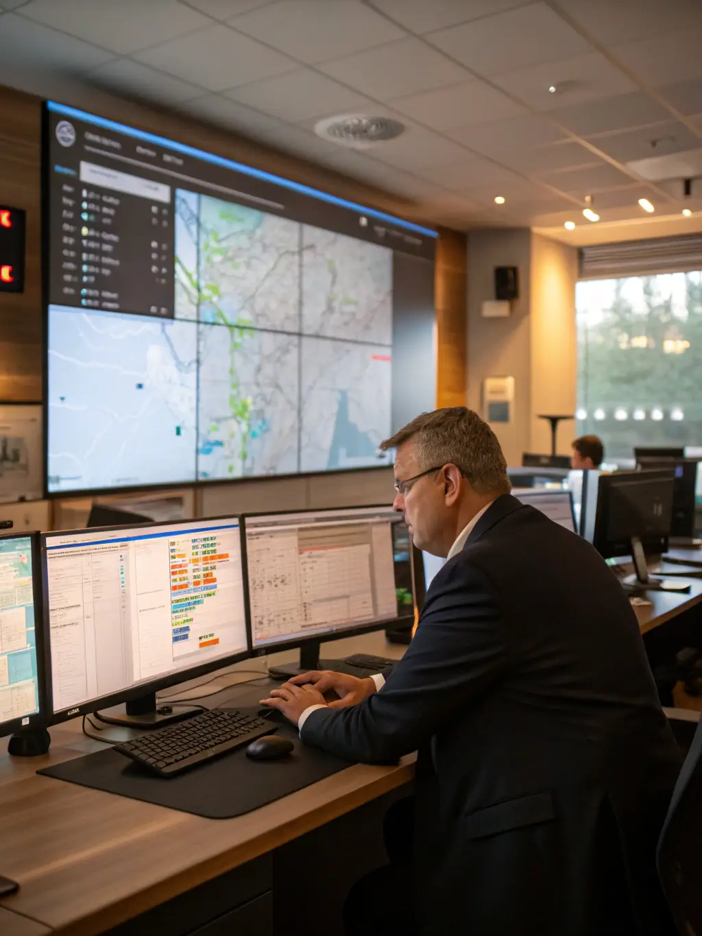 A close-up of a TRADEX logistics coordinator tracking shipments on a digital dashboard, with real-time updates and route maps for multiple international deliveries.