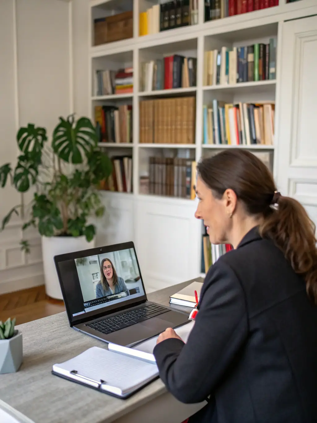 A TRADEX sourcing specialist negotiating with international suppliers via video call, surrounded by product samples and compliance certificates, highlighting global supplier relationships.