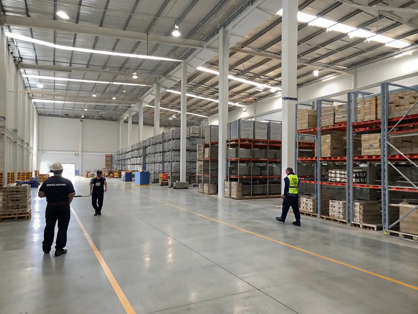 A photo of a large, organized warehouse interior with stacked pallets, forklifts in motion, and staff scanning inventory. The setting is a Canadian distribution center, representing TRADEX's wholesale distribution services.