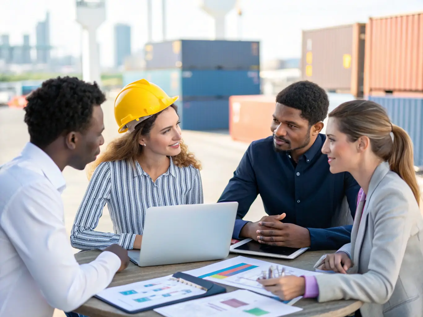 A group of TRADEX logistics professionals reviewing shipment documents and coordinating deliveries in a modern Toronto office, emphasizing teamwork and expertise in international trade.