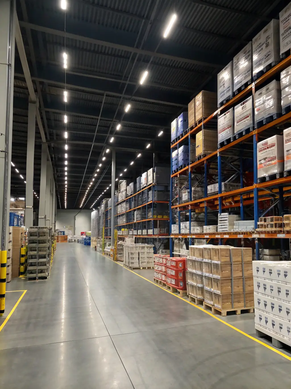 Warehouse interior with organized pallets of consumer goods, showing efficient inventory management and distribution operations in progress.