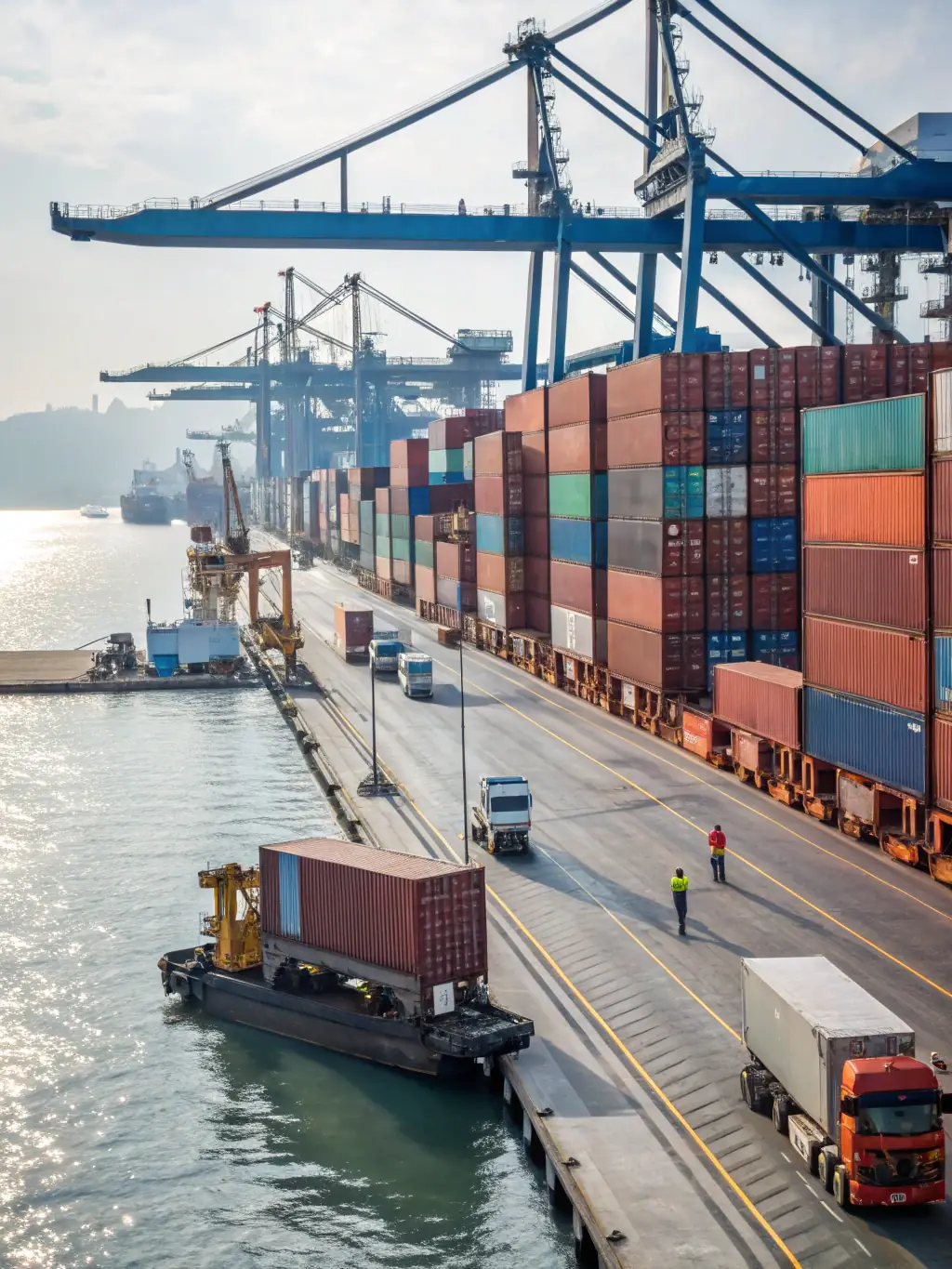 A professional team coordinating shipments at a busy port, surrounded by stacked international containers and cranes, representing TRADEX’s import/export operations.