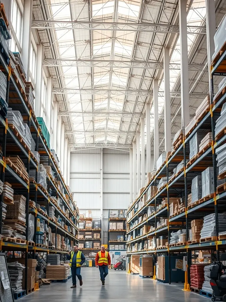 A modern warehouse interior with stacked pallets and forklifts in motion, illustrating efficient wholesale distribution and inventory management.