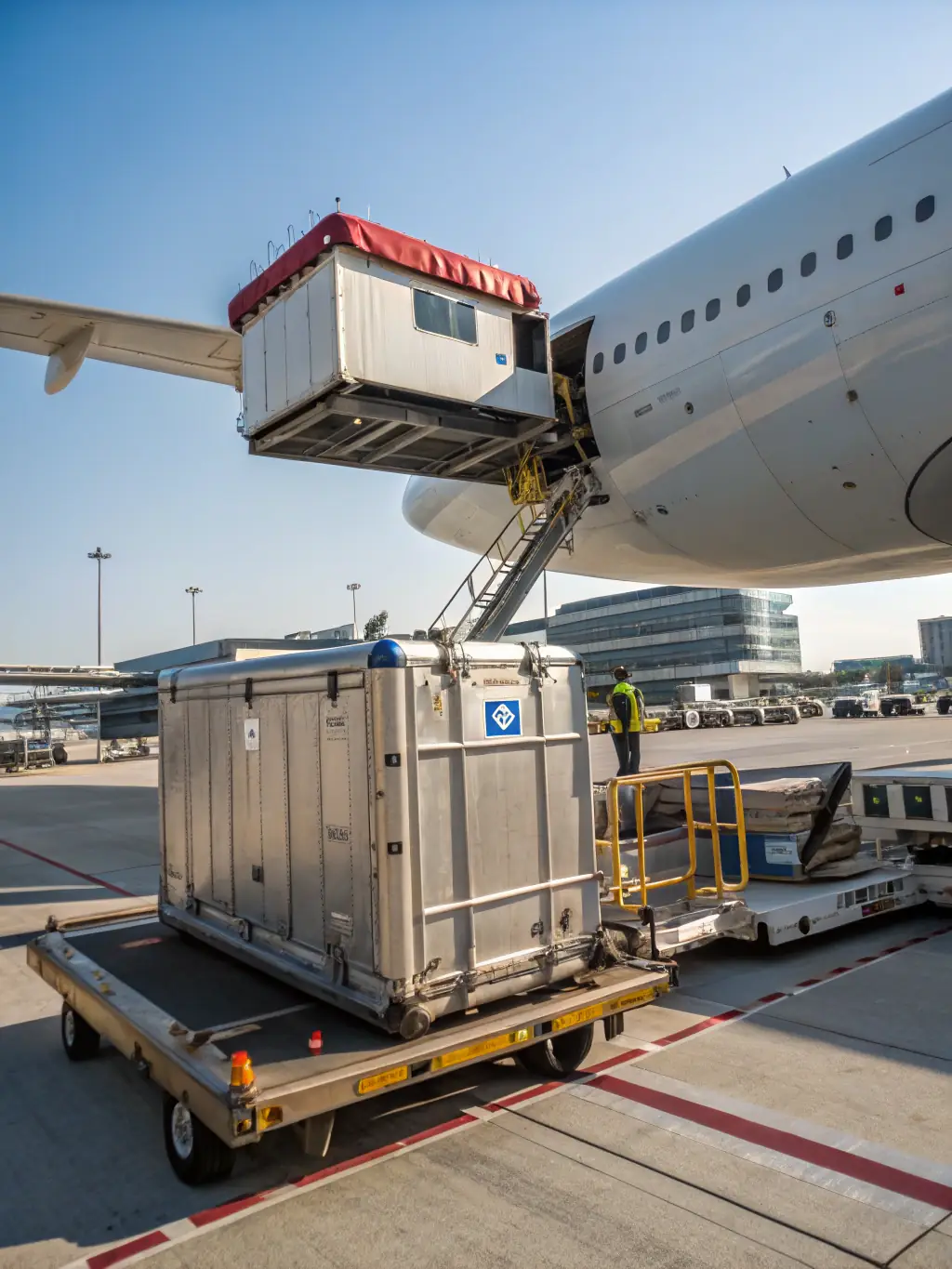 A cargo plane taking off from an airport, containers marked for various international destinations, symbolizing TRADEX’s export logistics expertise.