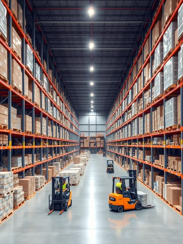 A warehouse interior with organized pallets, forklifts, and trucks ready for dispatch, illustrating TRADEX’s wholesale distribution logistics.