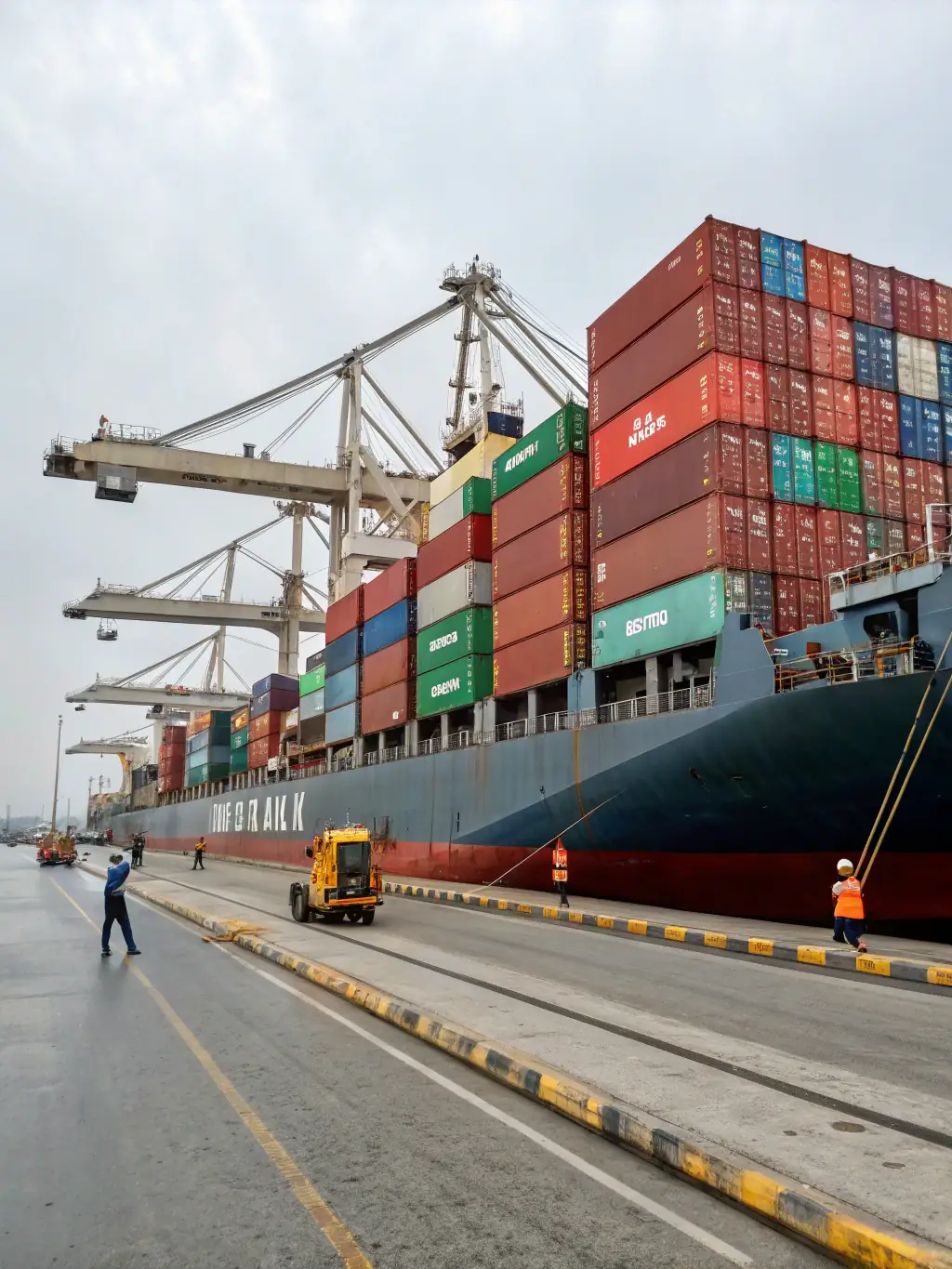 A professional photo of a cargo ship being loaded with shipping containers at a busy international port, representing global trade operations for an import/export company.