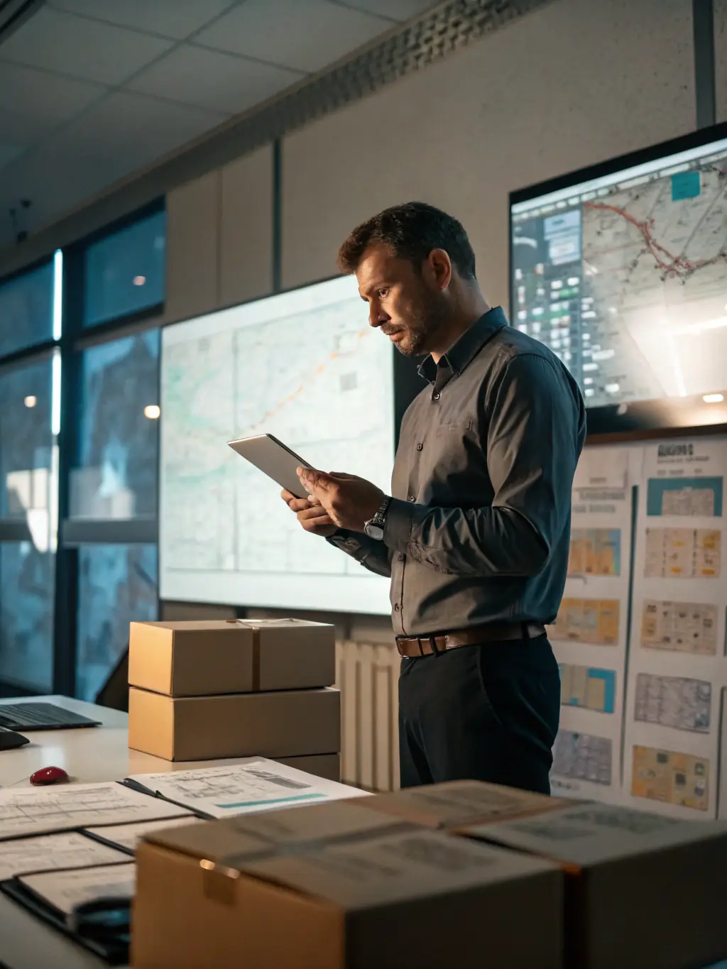 A logistics manager overseeing a digital dashboard with real-time tracking of shipments and supply chain analytics, emphasizing technology-driven management.