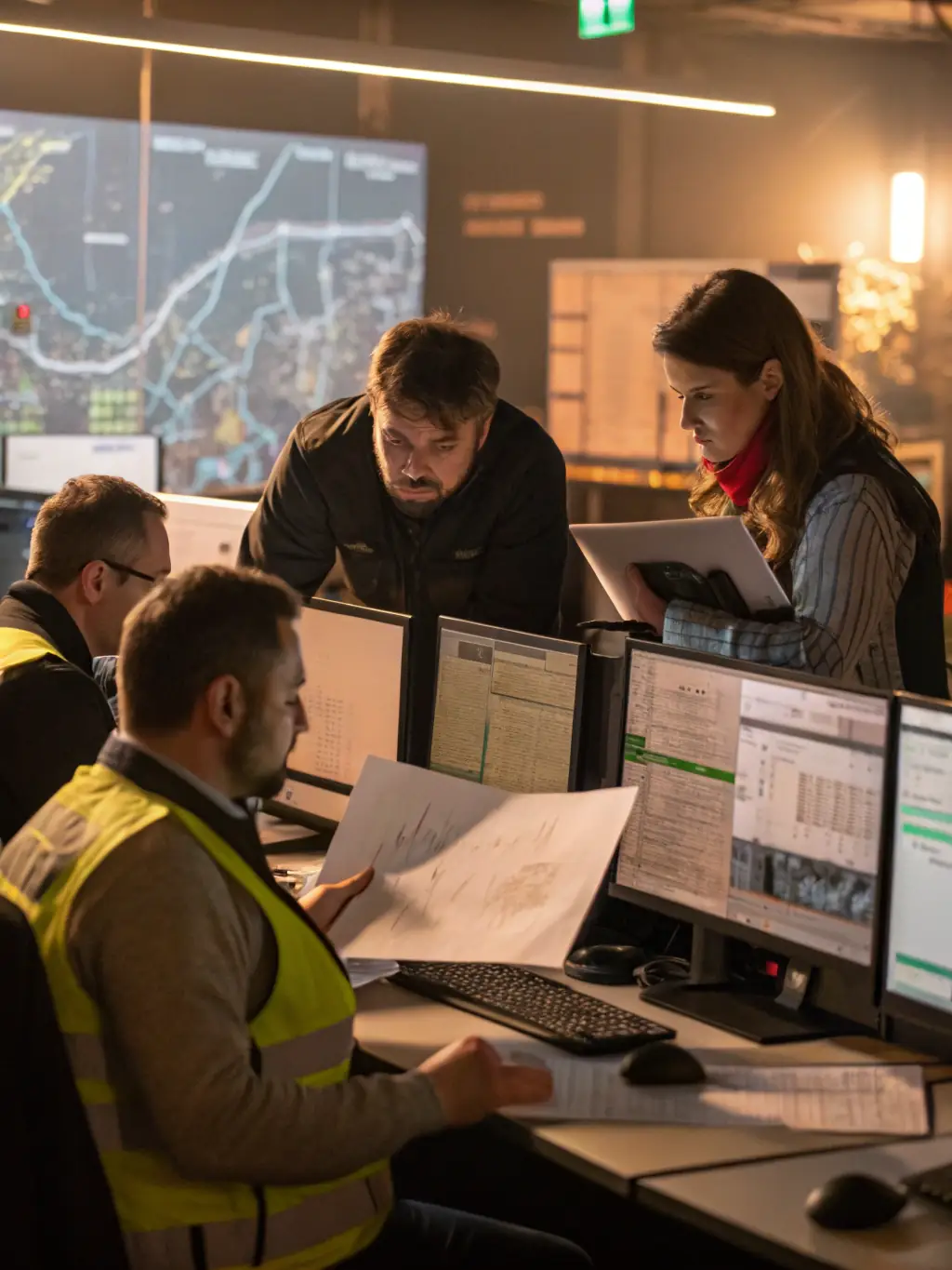 A professional scene of TRADEX staff in a modern Toronto office, reviewing international shipping documents and digital trade compliance checklists, with world maps and logistics dashboards in the background.