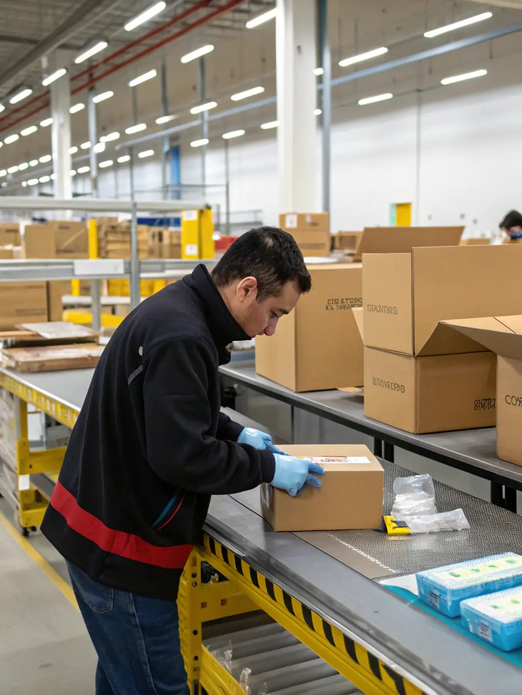 A TRADEX logistics coordinator preparing export shipments, with labeled boxes and international shipping labels ready for dispatch.