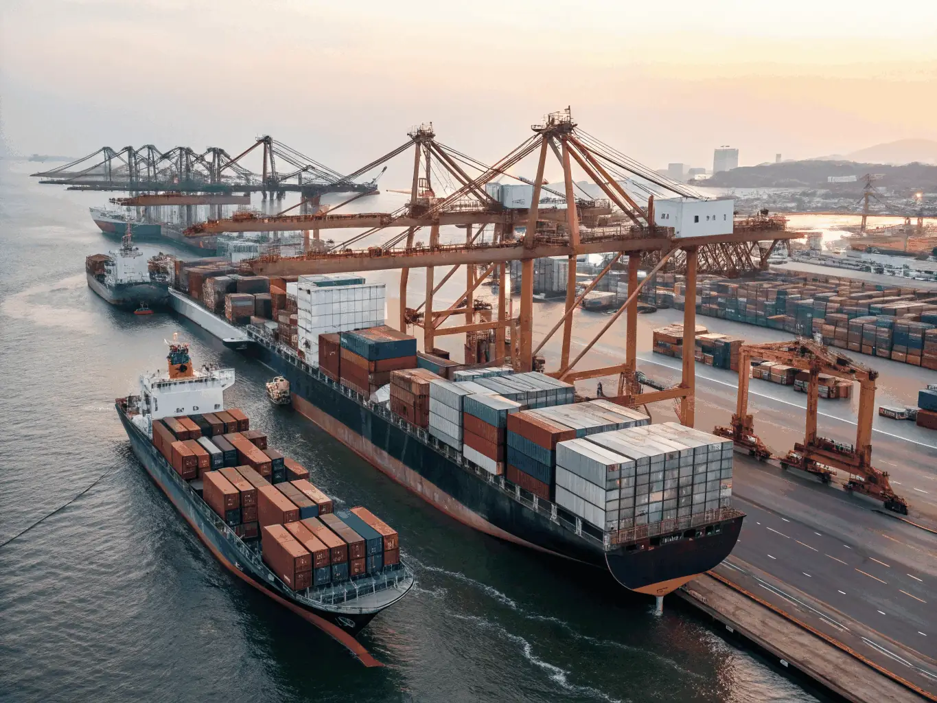 A photograph of cargo ships docked at the Port of Toronto, with shipping containers being loaded and unloaded by cranes, under overcast daylight. The image is used to illustrate TRADEX's international trade operations.