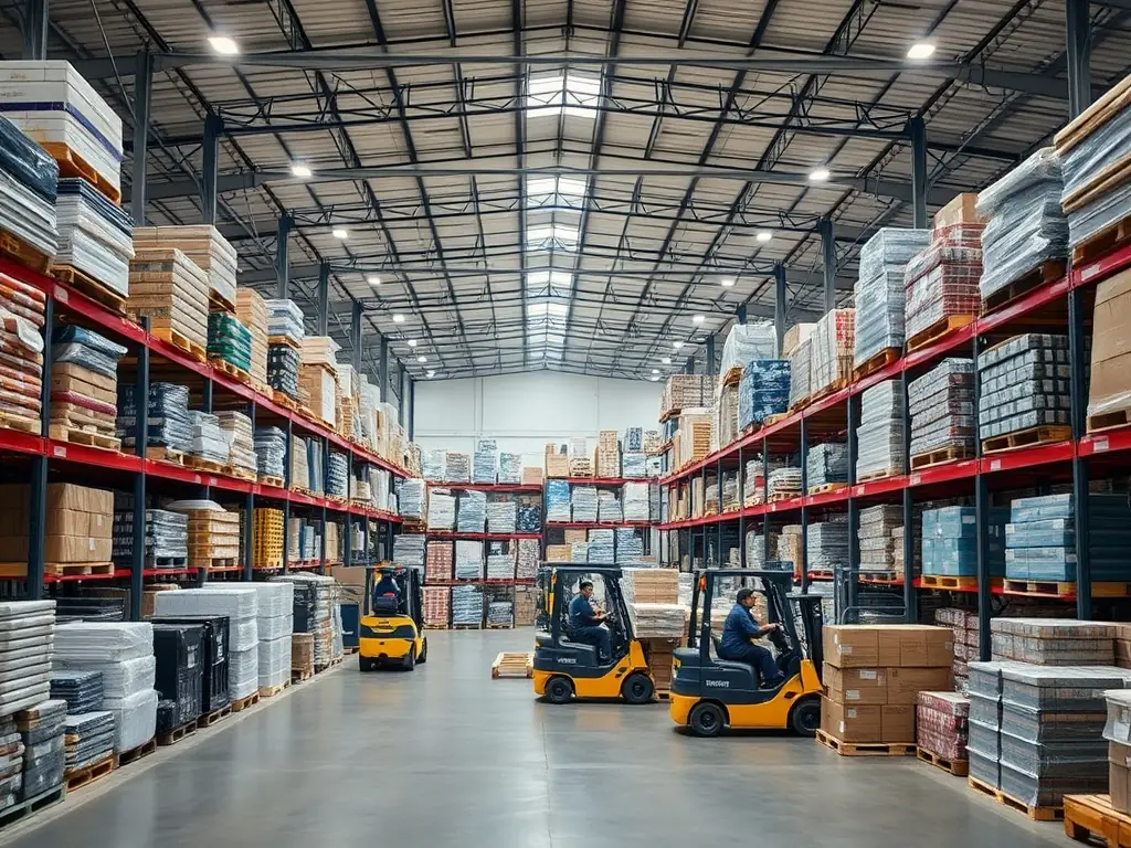 A wide-angle photo of a busy Toronto warehouse interior, with rows of stacked pallets, forklifts in motion, and staff scanning inventory, illustrating active wholesale distribution in progress.